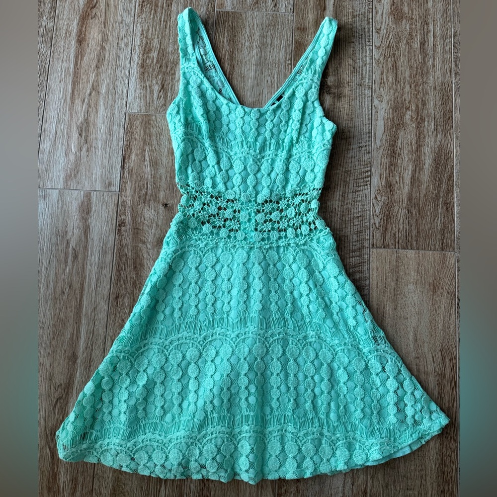 Trixxi Mint Green Crochet Waist Fit & Flare Mini Dress